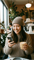 A smiling woman in a beanie and sweater holds a phone and a latte with latte art in a coffee shop.