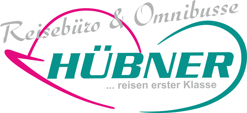 Logo mit geschwungenem Pfeil in Pink und Türkis, Text "Reisebüro & Omnibusse HÜBNER ...reisen erster Klasse".
