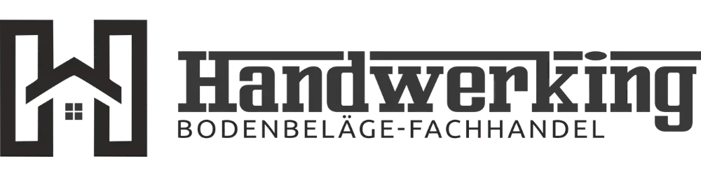 Logo mit stilisiertem H als Haus und Text "Handwerking BODENBELÄGE-FACHHANDEL" in Dunkelgrau auf grünem Hintergrund.