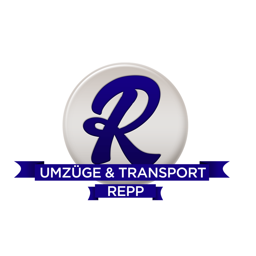 Logo von Umzüge & Transport Repp mit einem blauen geschwungenen R auf weißem Kreis vor schwarzem Hintergrund.