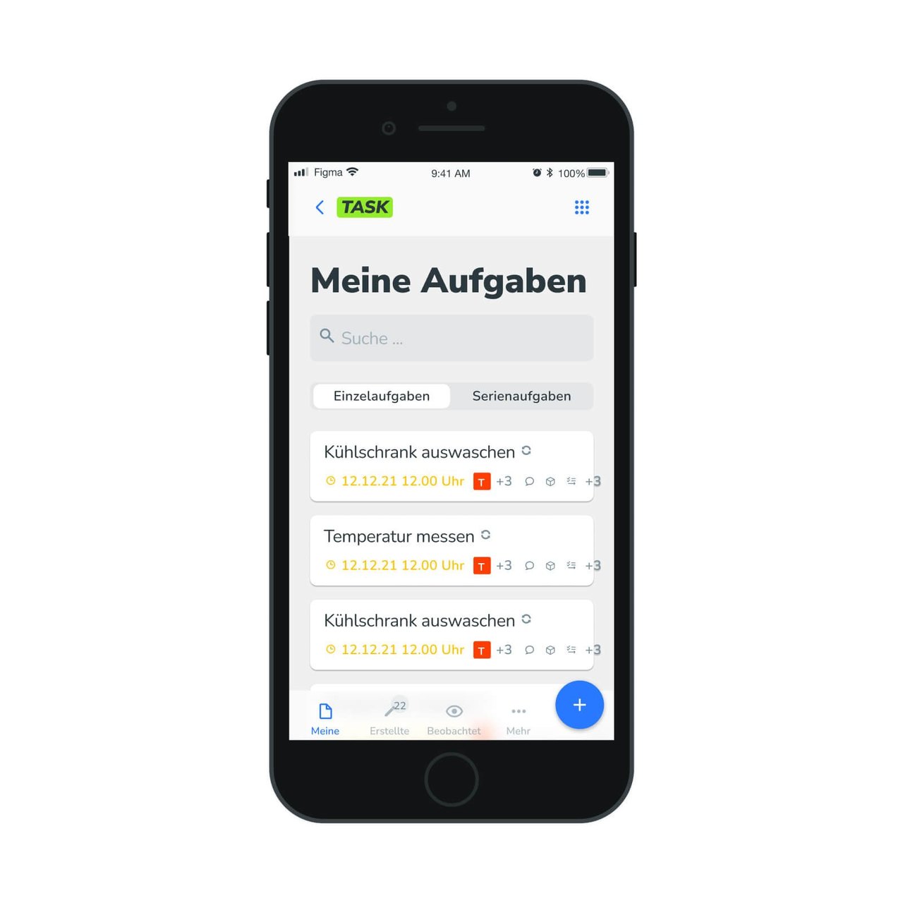 ApoTune Task auf einem iPhone: Liste „Meine Aufgaben“ mit wiederkehrenden Apothekenaufgaben wie „Kühlschrank auswaschen“ und „Temperatur messen“