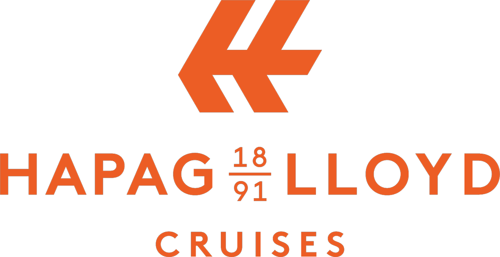 Hapag-Lloyd Cruises Logo: Orangefarbenes "H" über dem Text "HAPAG 18/91 LLOYD CRUISES" auf grünem Hintergrund.