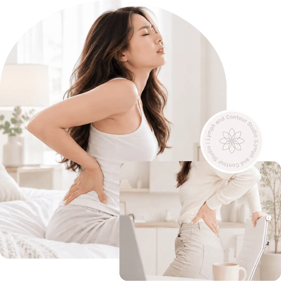 Women holding their lower backs in pain while sitting on a bed and at a desk. Includes Lymph and Contour Studio logo.