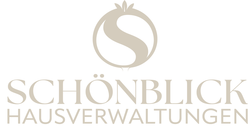 Logo Schönblick Hausverwaltungen: beiges "S" in Kreis, darüber Granatapfel; Text: "SCHÖNBLICK HAUSVERWALTUNGEN"
