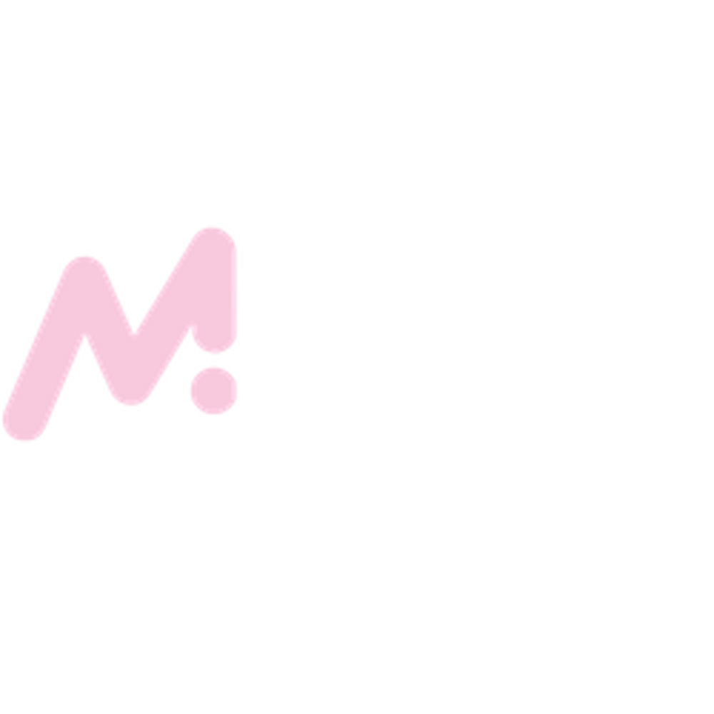 Rosa "M!" Logo und "MELA MARKETING" Text in Weiß auf dunkelgrünem Hintergrund.