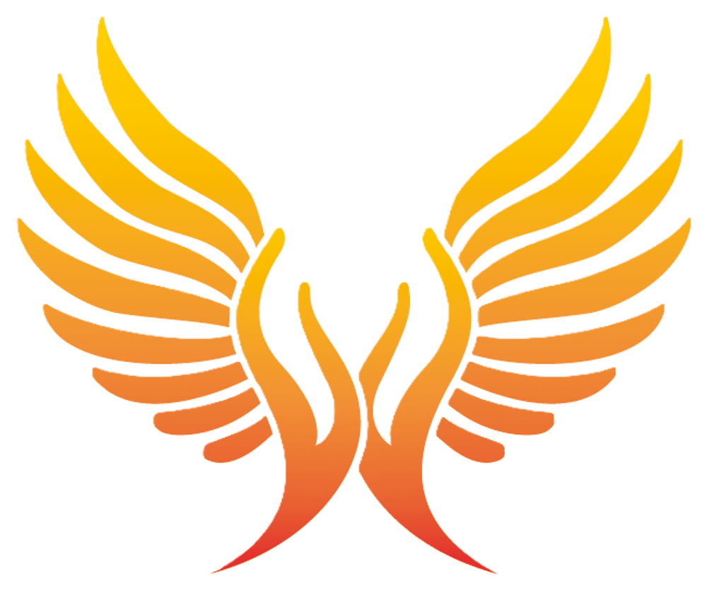 Zwei gold-orangefarbene Flügel mit Federn, die nach oben zeigen, auf grünem Hintergrund.