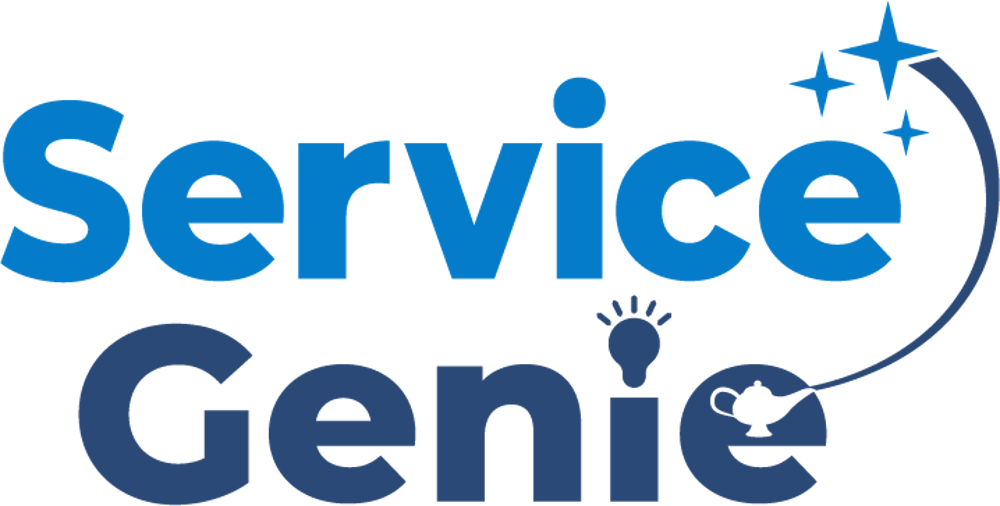 Das Logo "Service Genie" in Blau mit einem Schweif und Sternen.