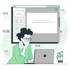 Illustration: Eine Frau schaut sich am Laptop Auswertungen zur Zusammenarbeit mit doQtor an