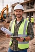 Ein lächelnder Bauarbeiter in Schutzhelm und Warnweste hält Baupläne und ein Tablet auf einer Baustelle.
