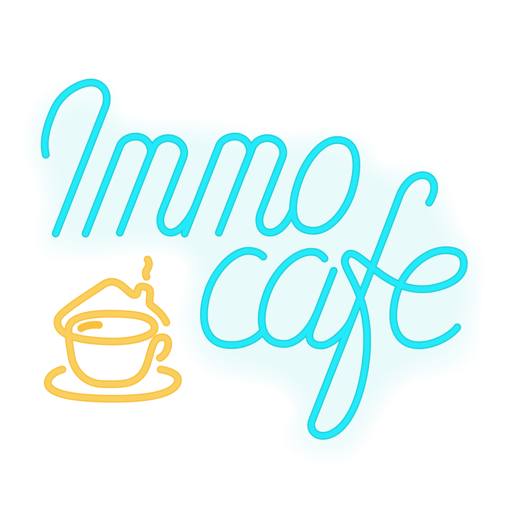 Neon-Schild mit der Aufschrift „Immocafe“ in Türkis und einer gelben Tasse Kaffee.