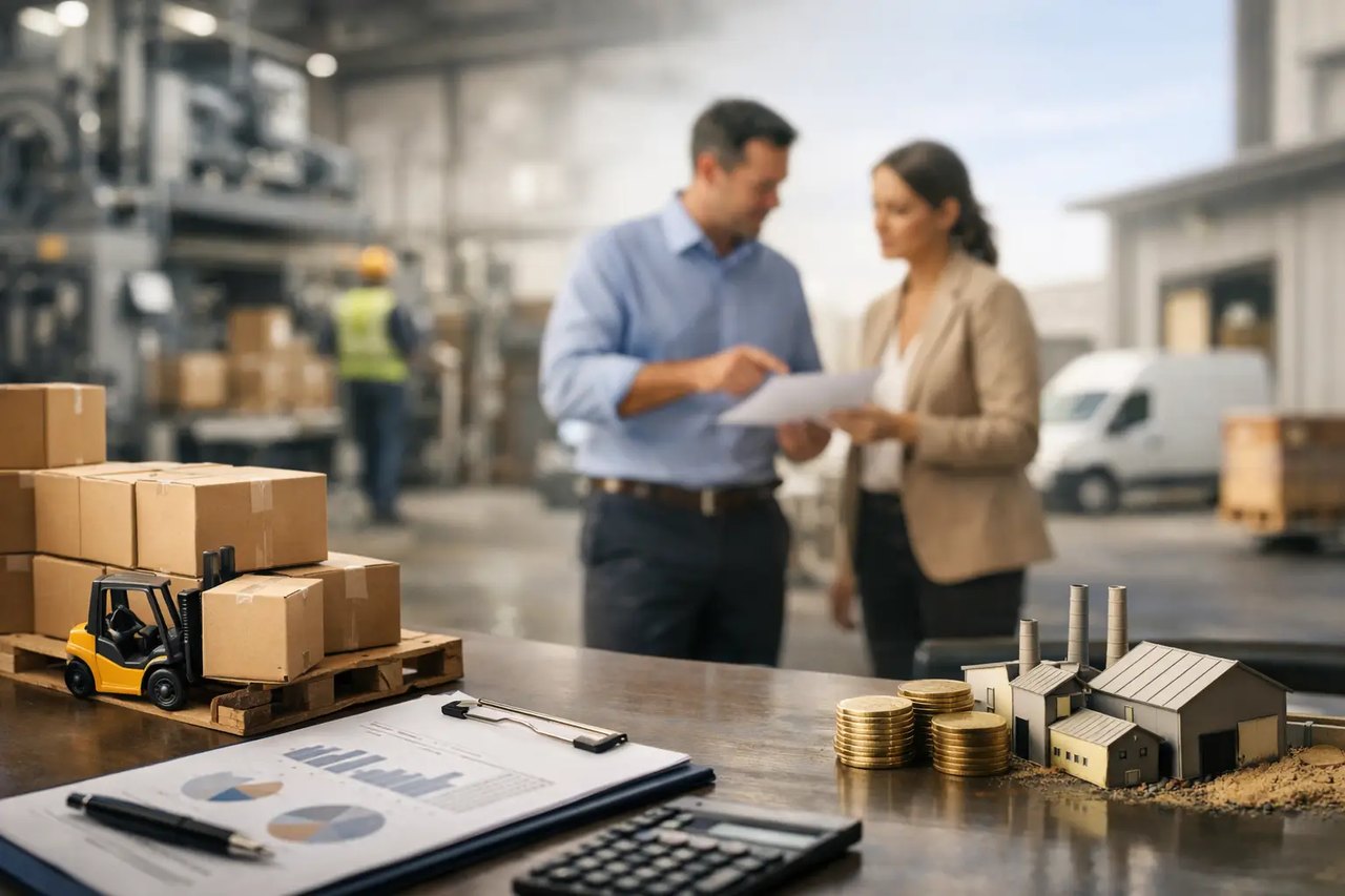 Zwei Personen besprechen Dokumente in einer Lagerhalle mit Miniaturmodellen von Fabrik, Gabelstapler und Goldmünzen im Fokus.
