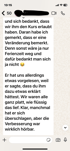 WhatsApp-Nachricht mit Text über einen Kurs, eine Veränderung und eine hörbare Verbesserung.