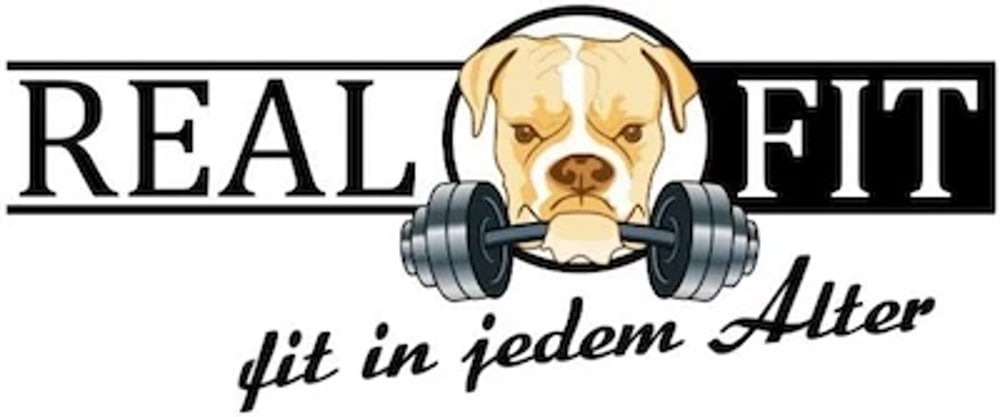 REAL FIT Logo mit Hund, der eine Hantel hält, und Text "fit in jedem Alter".