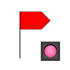 Rote Fahne mit Pfeilspitze und Ampel mit rosa Licht.