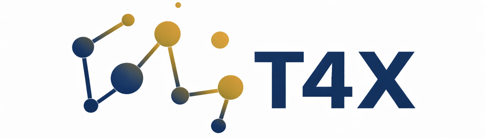 T4X Logo mit verbundenen blauen und goldenen Punkten, die ein Netzwerk darstellen.