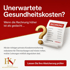 Anzeige für private Krankenversicherung zu unerwarteten Gesundheitskosten mit einer hohen Rechnung und Fragezeichen-Symbol.