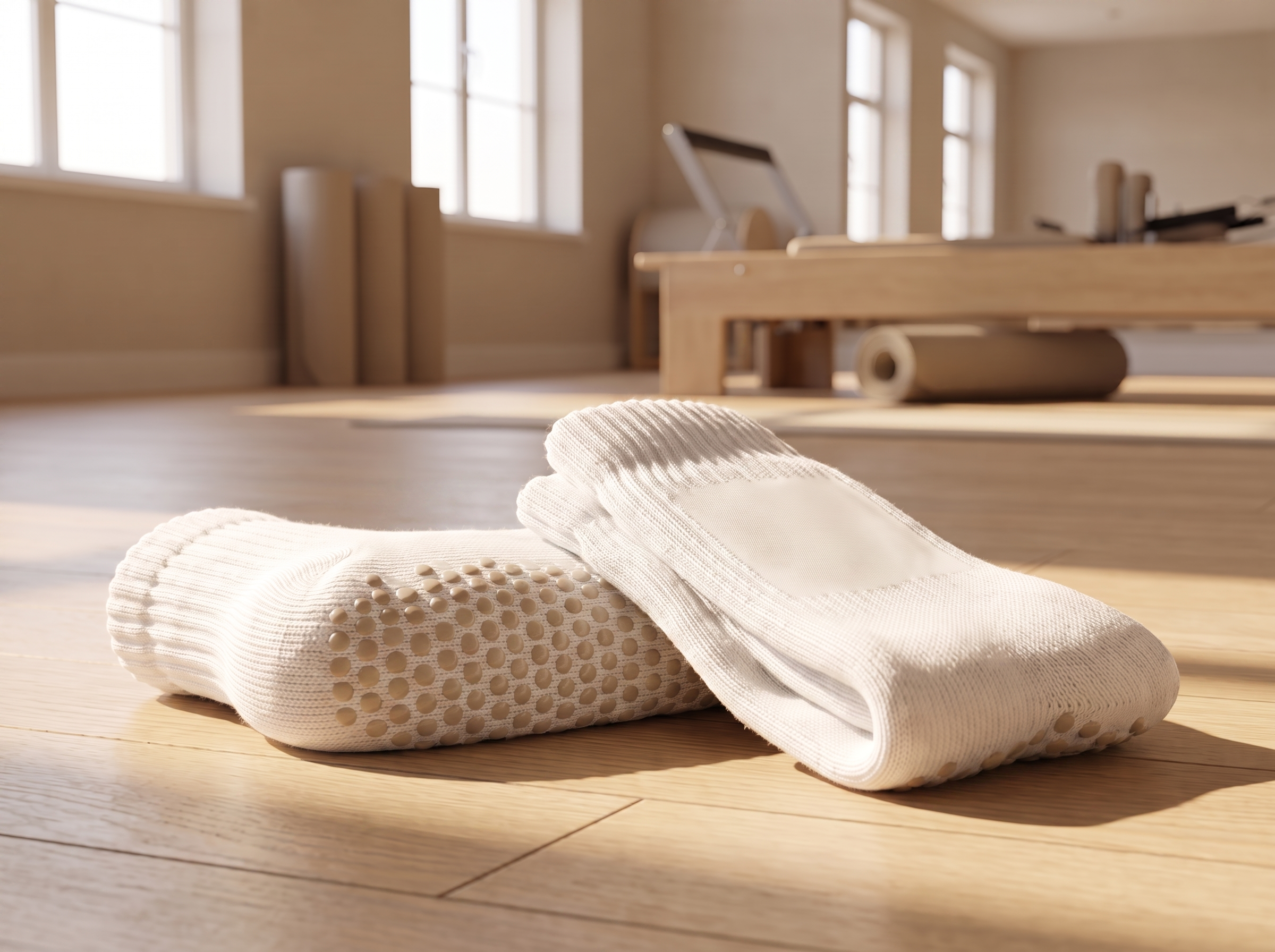 Refinesocks Grip Socks mit eingestricktem Logo und rutschfester Sohle auf dem Reformer