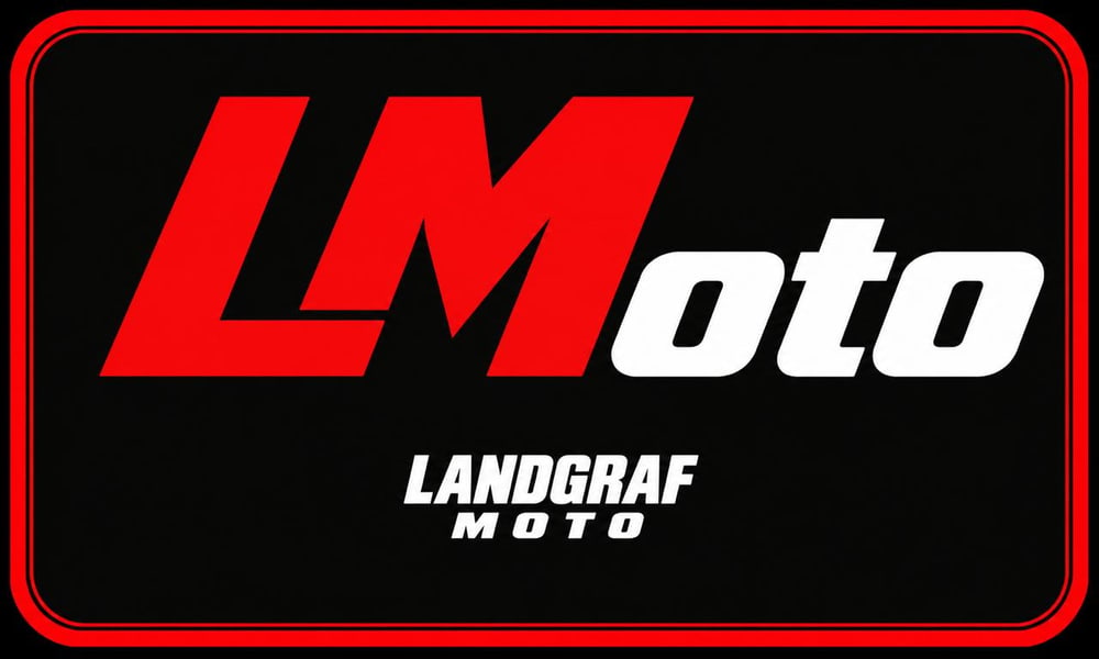LMoto Landgraf Moto Logo in Rot und Weiß auf schwarzem Hintergrund mit rotem Rahmen.