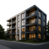 Modernes Apartmentgebäude mit dunkler Fassade, großen Fenstern und Balkonen am Abend.