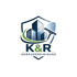 Logo der K&R Gebäudereinigung mit Gebäuden, Wischabzieher und einem Wappen in Blau und Grün auf schwarzem Hintergrund.