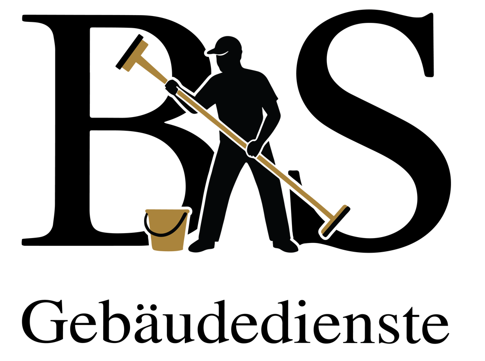 BS Gebäudedienste Logo: Silhouette eines Fensterputzers mit Eimer und Abzieher zwischen den Buchstaben BS.