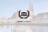 Olymp Immobilien Logo über einer verschwommenen Stadtsilhouette mit Fluss und Brücke.