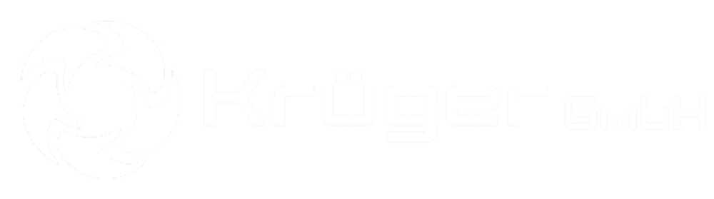 Weißes Krüger GmbH Logo mit einem stilisierten Kreissymbol links, das an eine Blende erinnert.