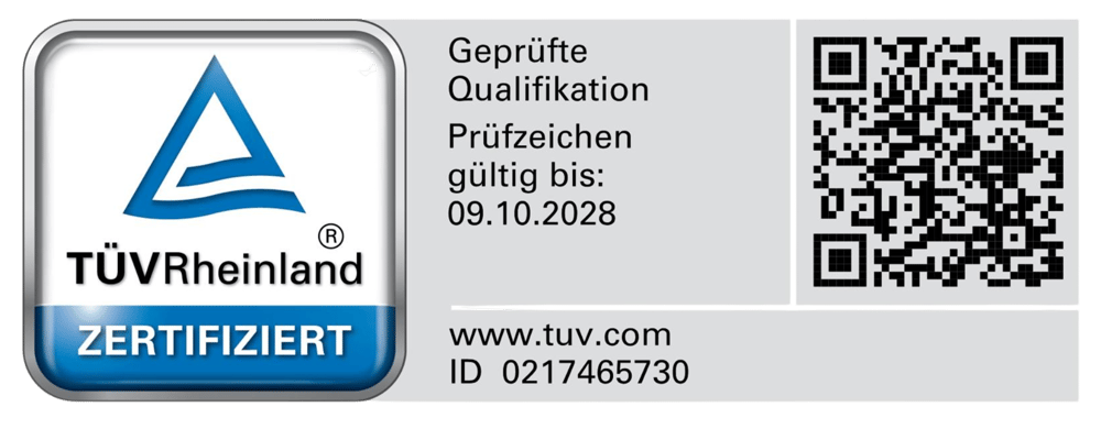 TÜV Rheinland ZERTIFIZIERT, Geprüfte Qualifikation, Prüfzeichen gültig bis 09.10.2028, www.tuv.com, ID 0217465730.