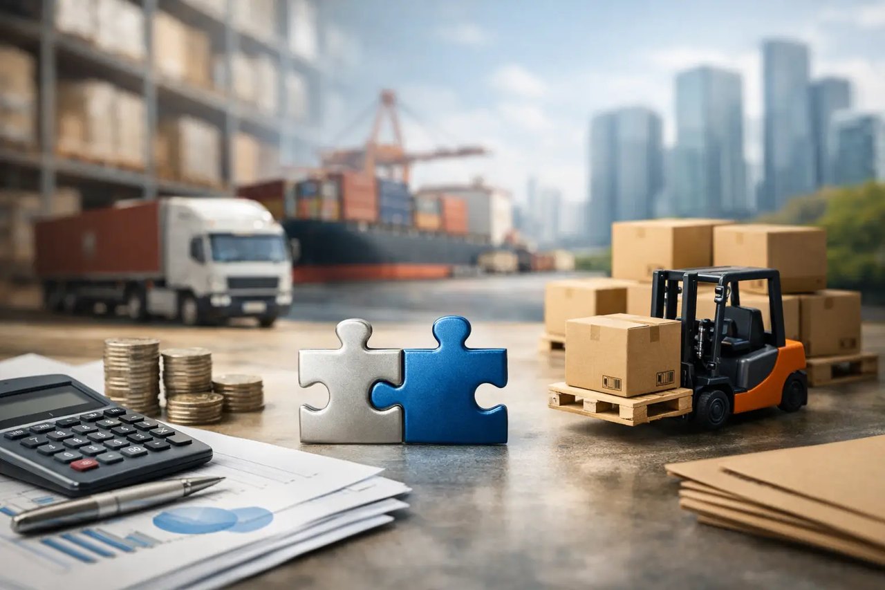 Zwei Puzzleteile vor Logistik-Hintergrund mit LKW, Gabelstapler, Containerschiff, Taschenrechner und Münzen.