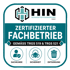 HIN-Logo, "Zertifizierter Fachbetrieb gemäß TRGS 519 & TRGS 521" mit Symbolen für Sachkunde, Sicherheit, Entsorgung.