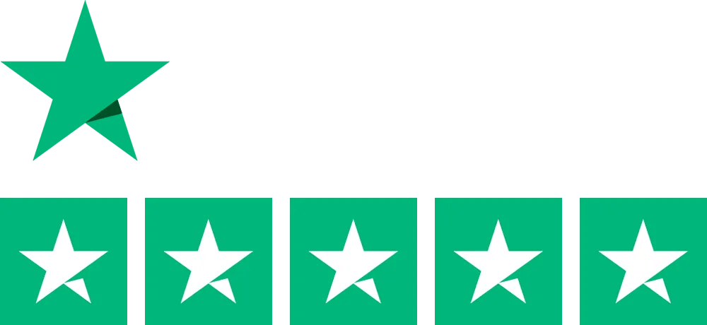Trustpilot Logo mit einem großen grünen Stern und dem weißen Text "Trustpilot" darüber, darunter fünf grüne Quadrate mit weißen Sternen.