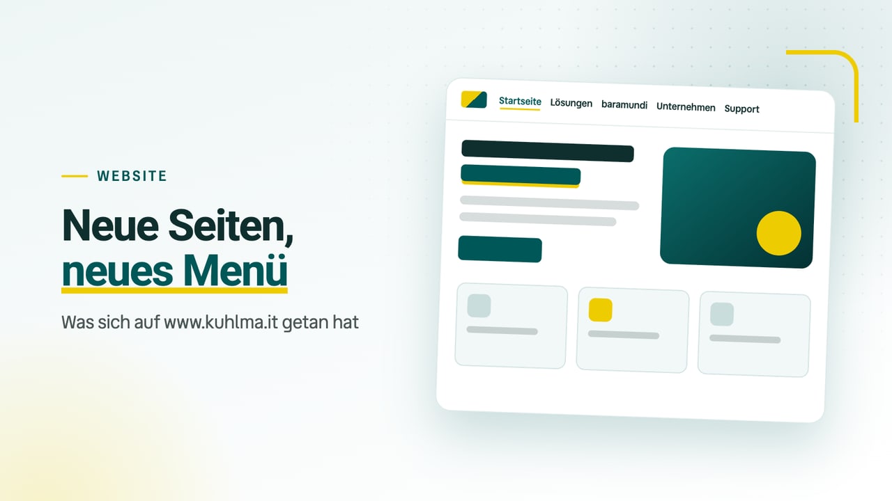 Grafik: stilisiertes Browserfenster mit dem neuen Hauptmenü Startseite, Lösungen, baramundi, Unternehmen und Support