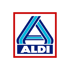 Aldi Logo mit einem blau gestreiften A über dem weißen Schriftzug Aldi auf dunkelblauem Grund mit rotem Rahmen.