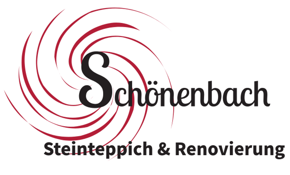 Schönenbach Steinteppich & Renovierung Logo: Rot-schwarzes Wirbelmuster um S, Schriftzug Schönenbach, darunter Steinteppich & Renovierung.