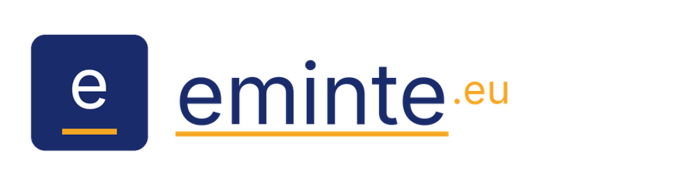 Logo mit blauem Quadrat, weißem "e" und gelbem Unterstrich, daneben "eminte" mit gelbem Unterstrich und ".eu".