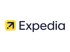 Expedia-Logo: Gelbes Quadrat mit schwarzem Pfeil und Schriftzug "Expedia" in Dunkelblau.