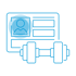 Blaues Linien-Icon eines Mitgliedsausweises mit Profilbild neben einer Hantel auf schwarzem Hintergrund.