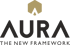 AURA Logo: "AURA" in dunklem Text mit goldener Hexagon-Form darüber und "THE NEW FRAMEWORK" darunter.