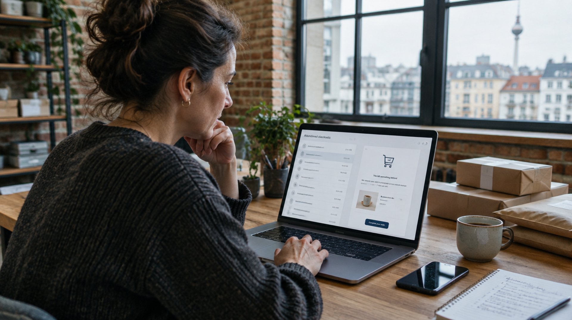 Shop-Inhaberin in einem Berliner Loft am Laptop mit der Liste abgebrochener Checkouts und der Vorschau einer Erinnerungsmail, daneben gepackte Pakete