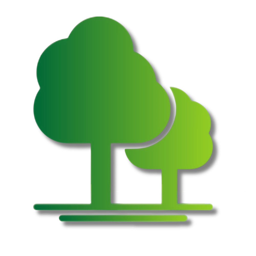 Zwei grüne Bäume mit Schatten auf einem weißen Rechteck mit grünem Hintergrund.