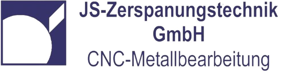 Logo von JS-Zerspanungstechnik GmbH, CNC-Metallbearbeitung. Grüner Hintergrund mit blauem Text und stilisiertem Werkstück.