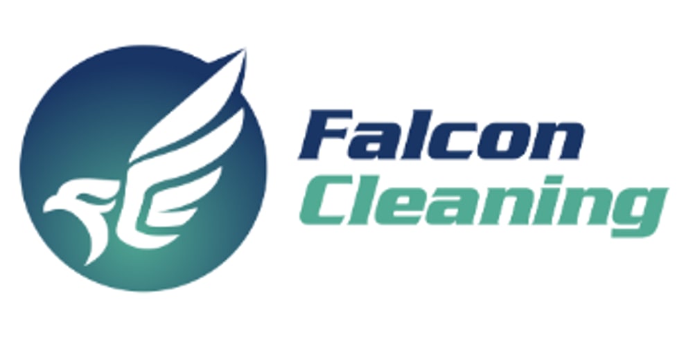 Logo mit weißem Falkenkopf und Flügel in einem blaugrünen Kreis, daneben der Text "Falcon Cleaning".