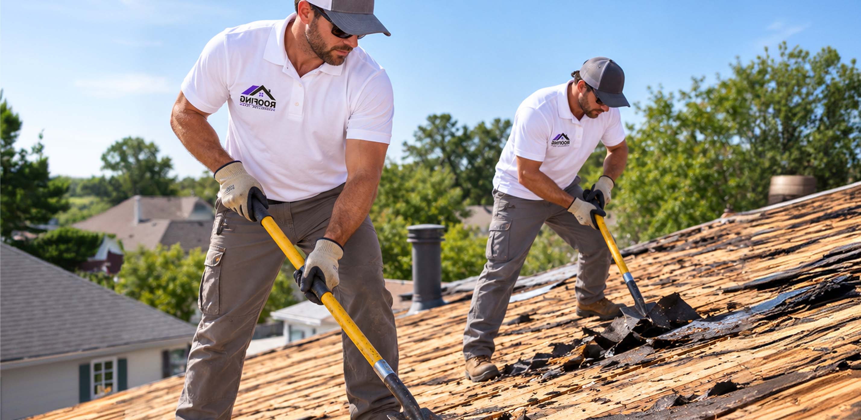 Roofing crew working on a stripped roof deck beside a ladder