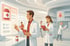 Apotheker in weißen Kitteln arbeiten mit Tablets und interaktiven Bildschirmen in einer modernen Apotheke, Symbol für digitale Prozesse, technologische Innovation und effizientes Apothekenmanagement