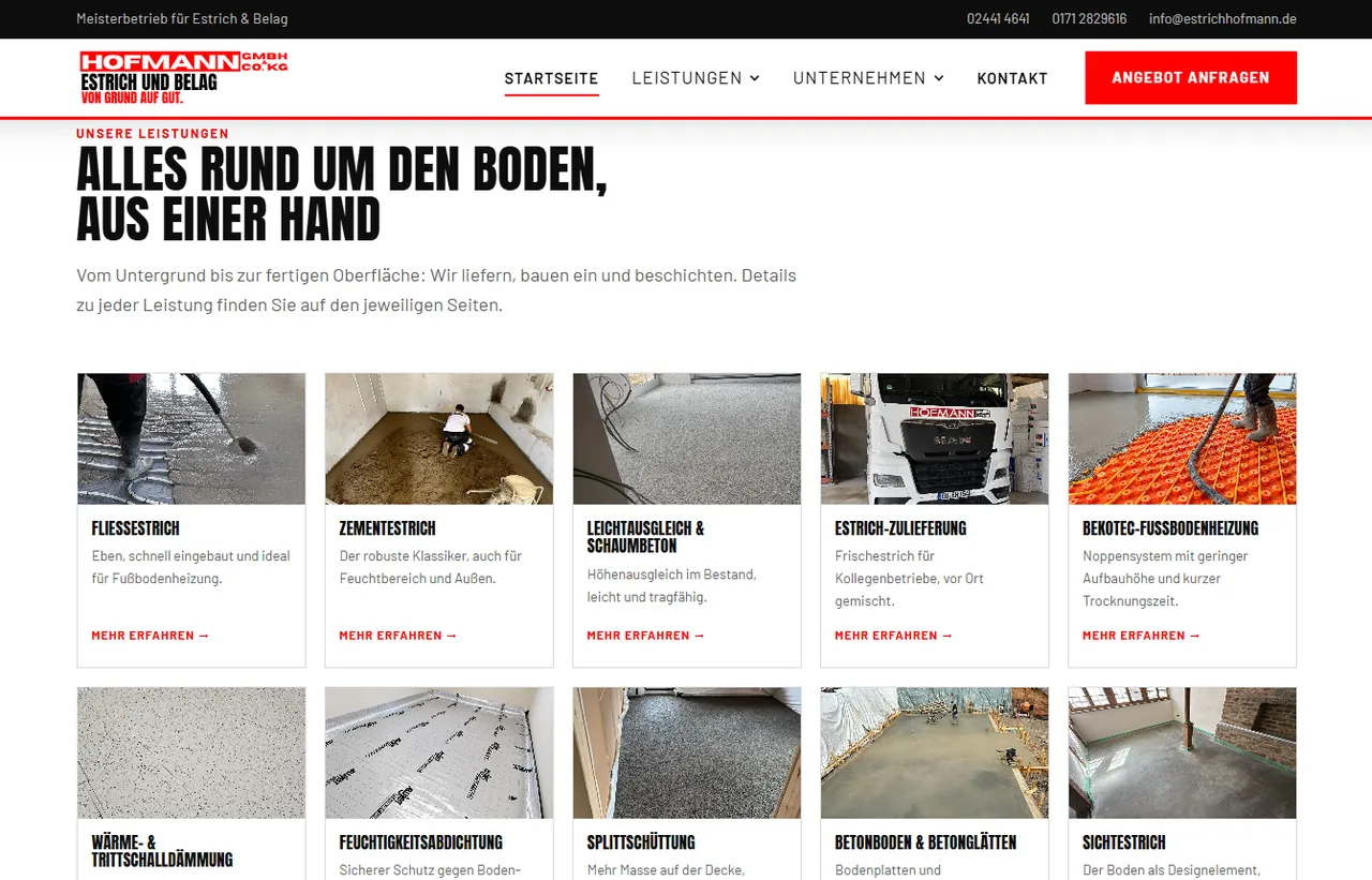 Startseite von estrichhofmann.de mit der Übersicht aller Leistungen als Kacheln