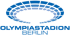 Logo Olympiastadion Berlin mit stilisiertem blauen Stadiondach und Text "OLYMPIASTADION BERLIN".