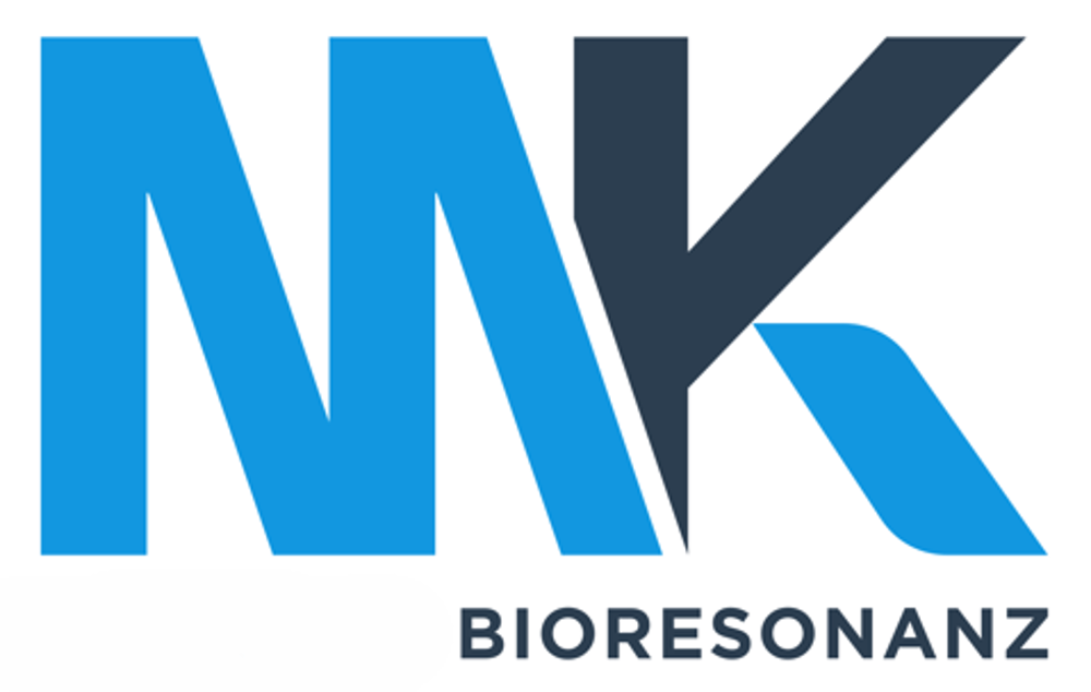 MK Bioresonanz-Logo mit blauen Buchstaben und dem Wort "Bioresonanz" darunter.