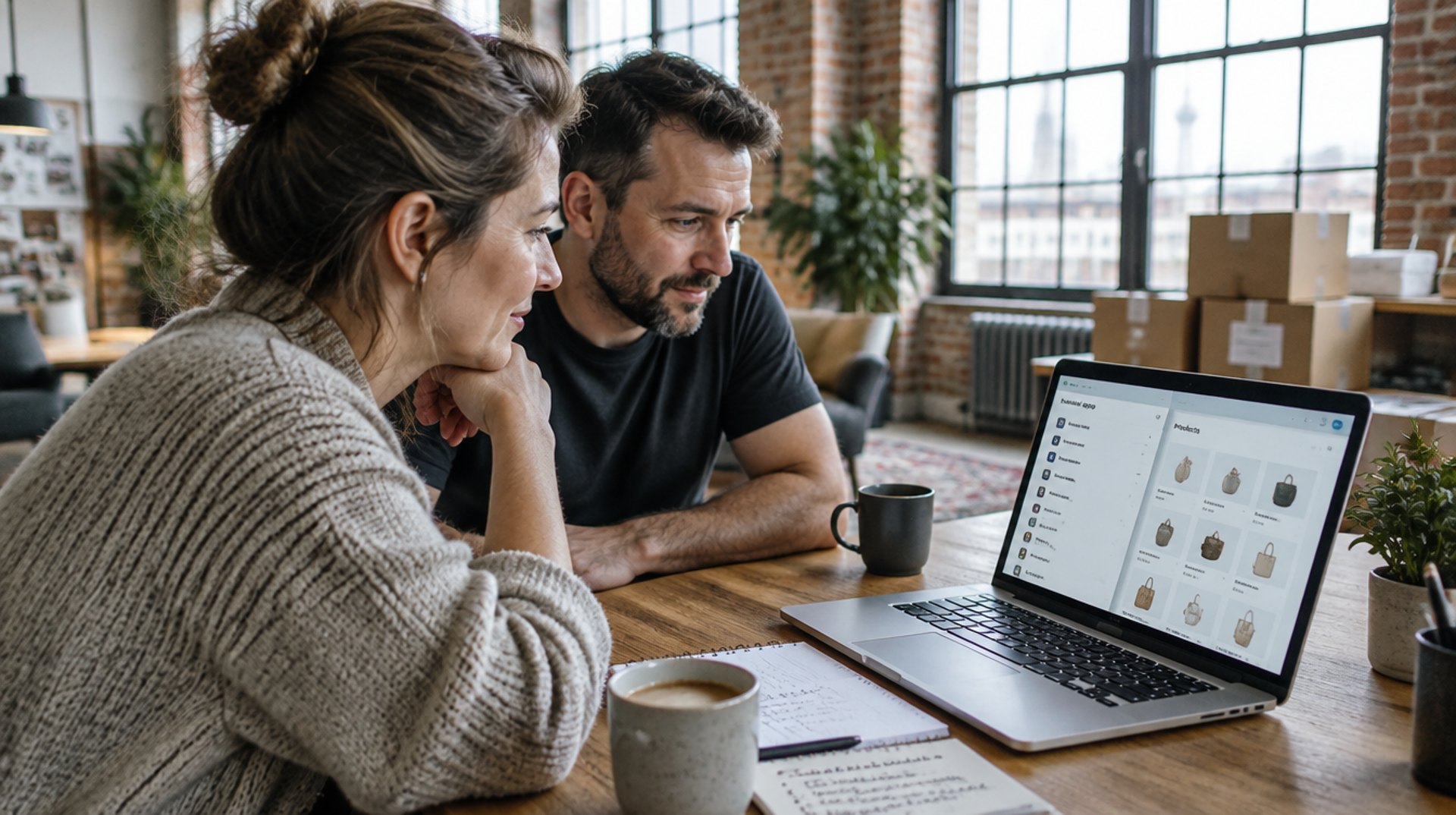 Shop-Inhaberin und Shopify Freelancer in einem Berliner Loft am Laptop, auf dem Bildschirm die App-Liste eines Shopify-Shops