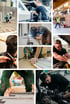 Collage von Bauarbeiter, Maschinenbediener, Lagerarbeiter, Schweißer, Friseur, Schreiner, Mechaniker, Landschaftsgärtner.