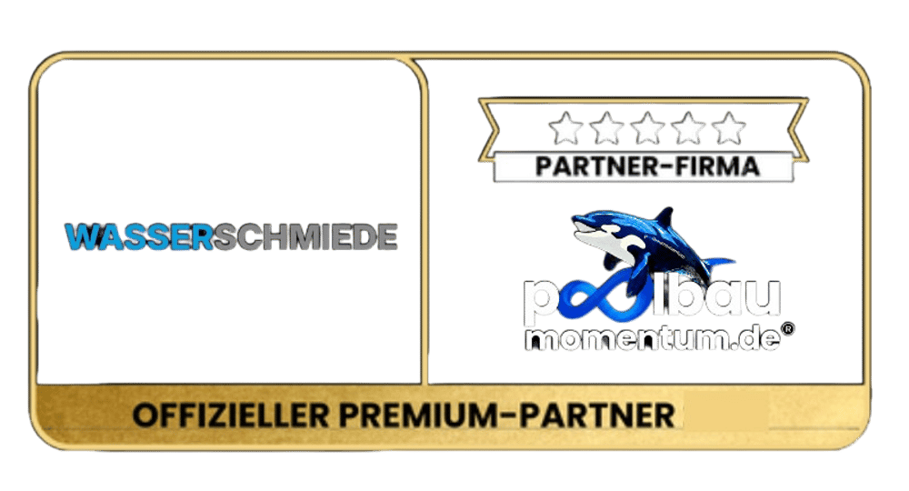 Wasserschmiede, offizieller Premium-Partner 2024 von Poolbau Marketing mit 5-Sterne-Bewertung und Orca-Logo.